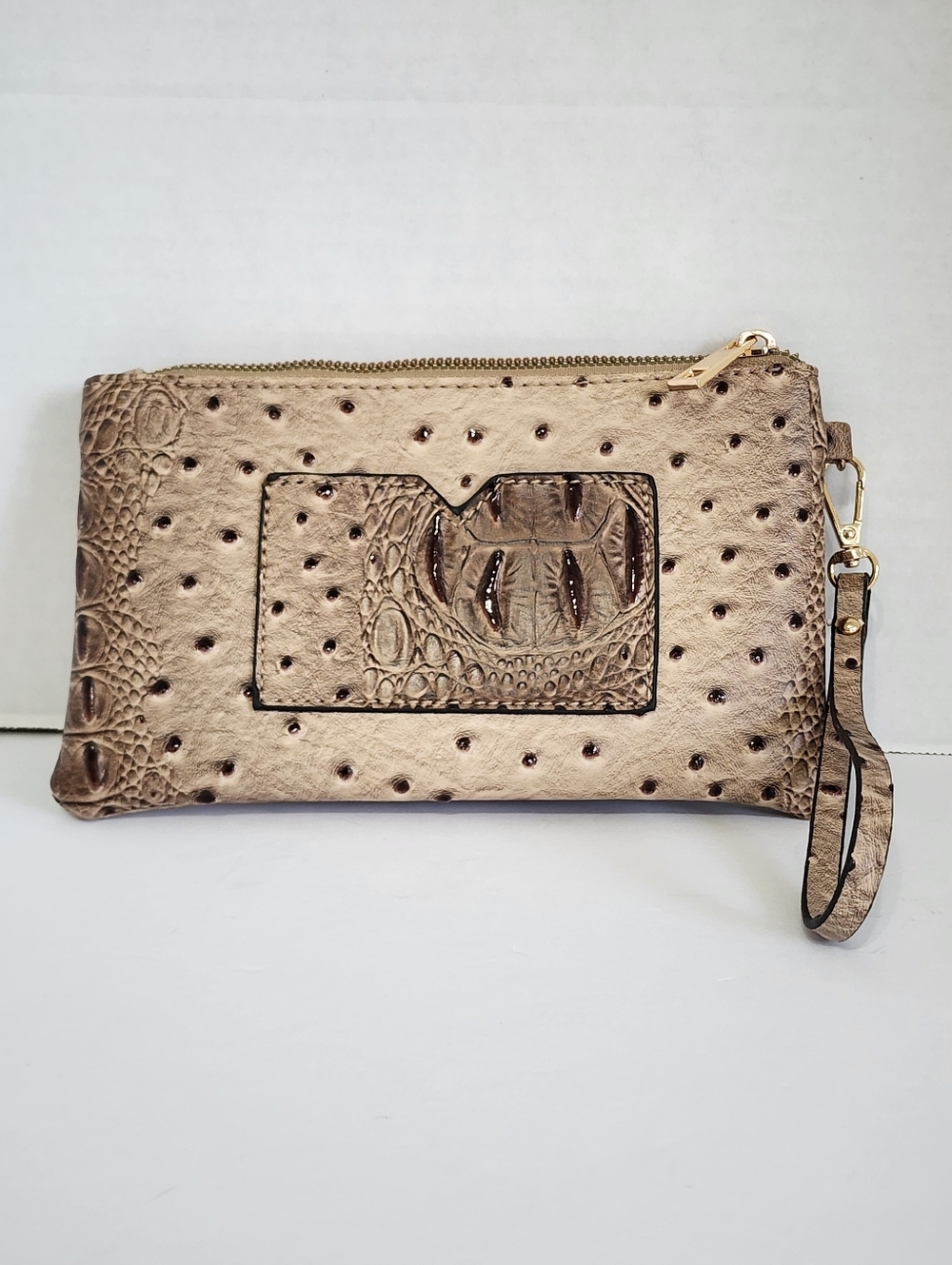 Embossed Faux Leather Ostrich Croc Wristlet Clutch Tan Brown Zip